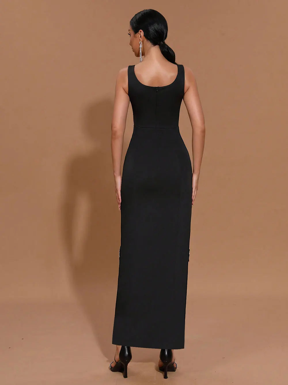 Sexy Women's Light Luxury Nail Diamond Design Split Bandage Dress O-Neck Sleeveless Bodycon Black Long Dress Party Vestidos