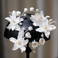 Pearl Head Piece White Flower Floral Hairpins For Brides Women Hair Pins Clips Earrings Set Wedding Accessories Bridal Jewelry