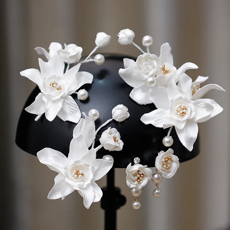 Pearl Head Piece White Flower Floral Hairpins For Brides Women Hair Pins Clips Earrings Set Wedding Accessories Bridal Jewelry