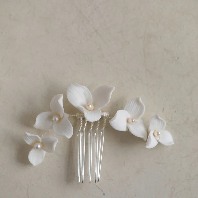 Porcelain Flower Hair Comb Pin Clip Silver Color Head Piece Brides Party Gift Flower Hairpins Wedding Accessories Bridal Jewelry a