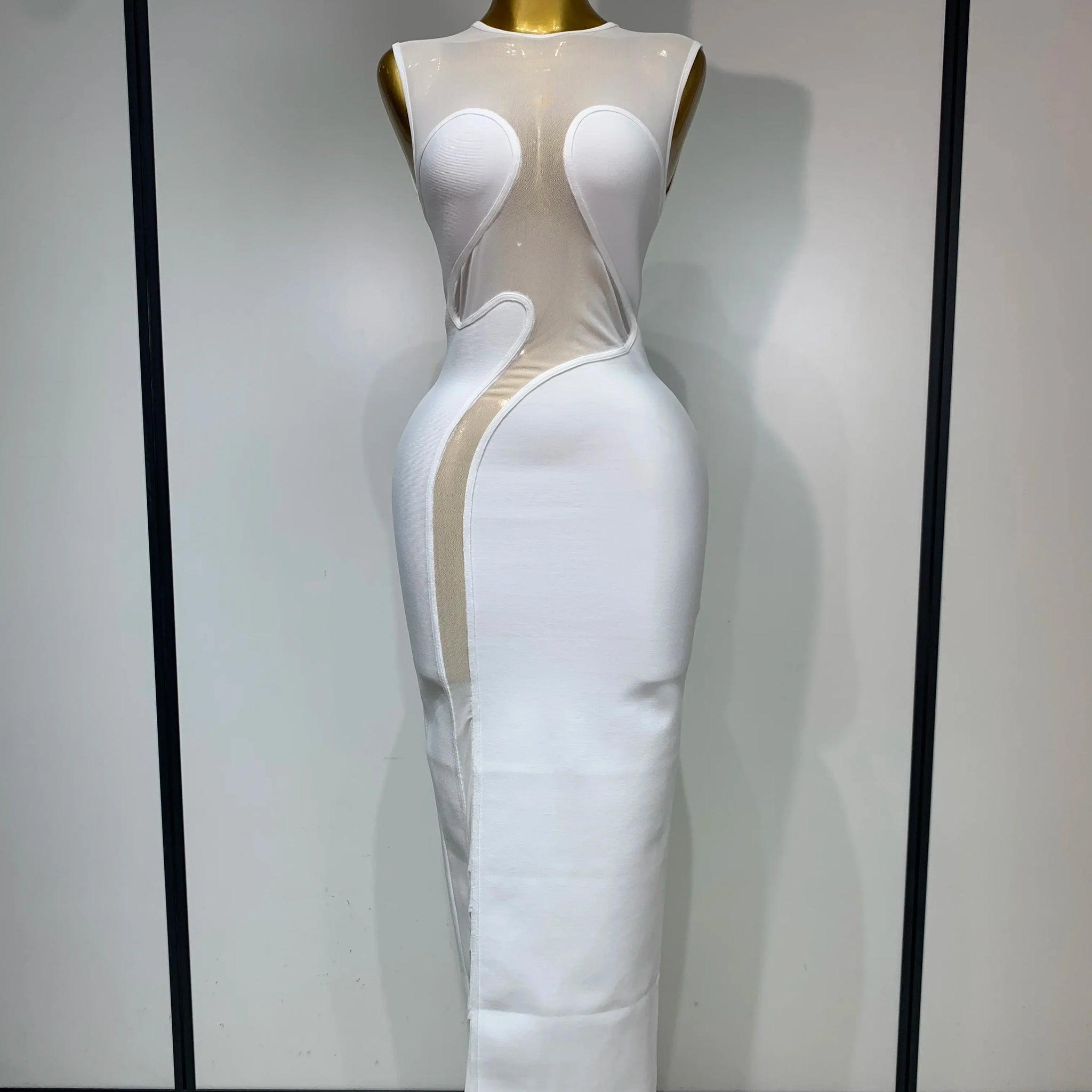 Sexy O Neck Mesh Bodycon Bandage Dress Evening Party Gown Celebrity Elegant Luxury Birthday Club Dresses WHITE