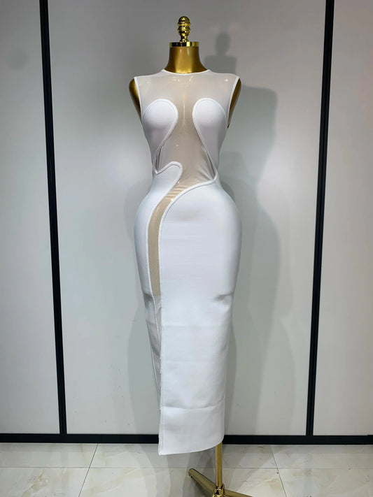 Sexy O Neck Mesh Bodycon Bandage Dress Evening Party Gown Celebrity Elegant Luxury Birthday Club Dresses WHITE