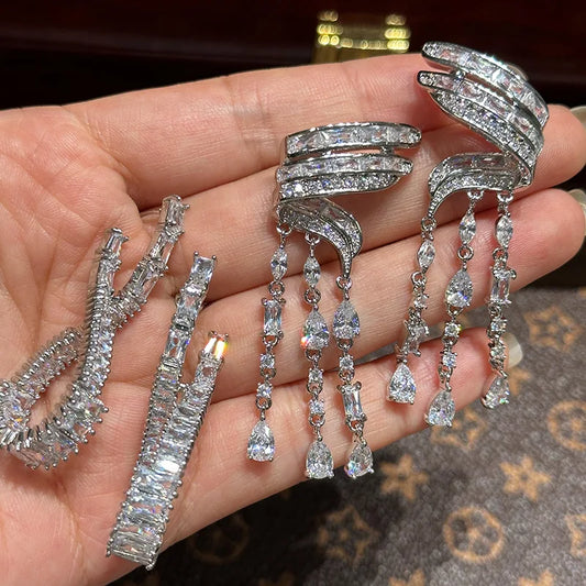 Silver Color CZ Zircon Bridal Earrings Cubic Zirconia Wedding Earring For Women Bride Accessories Dinner Party Dress Jewelry
