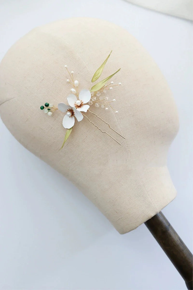 Bridal Jewelry Imitation Pearl Hairpin Gold Color Head Piece For Brides Women Flower Leaf Hair Comb Pin Clip Wedding Accessories