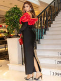 Sexy Women's 3D Red Large Flower Design Bandage Dress with One Collar Card Sleeve Bodycon Long Dress Evening Party Vestidos