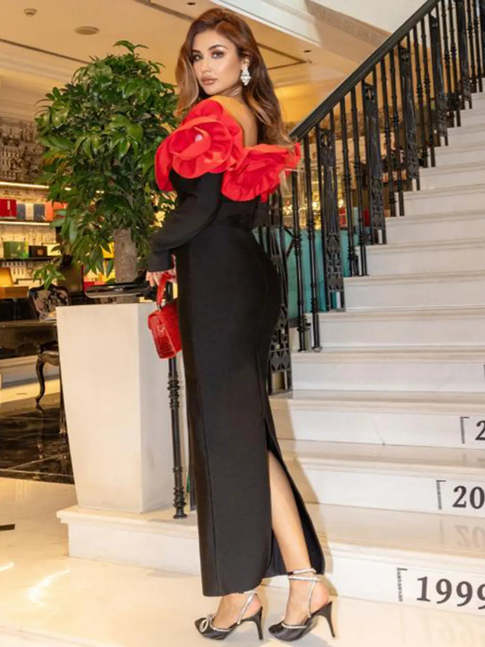 Sexy Women's 3D Red Large Flower Design Bandage Dress with One Collar Card Sleeve Bodycon Long Dress Evening Party Vestidos