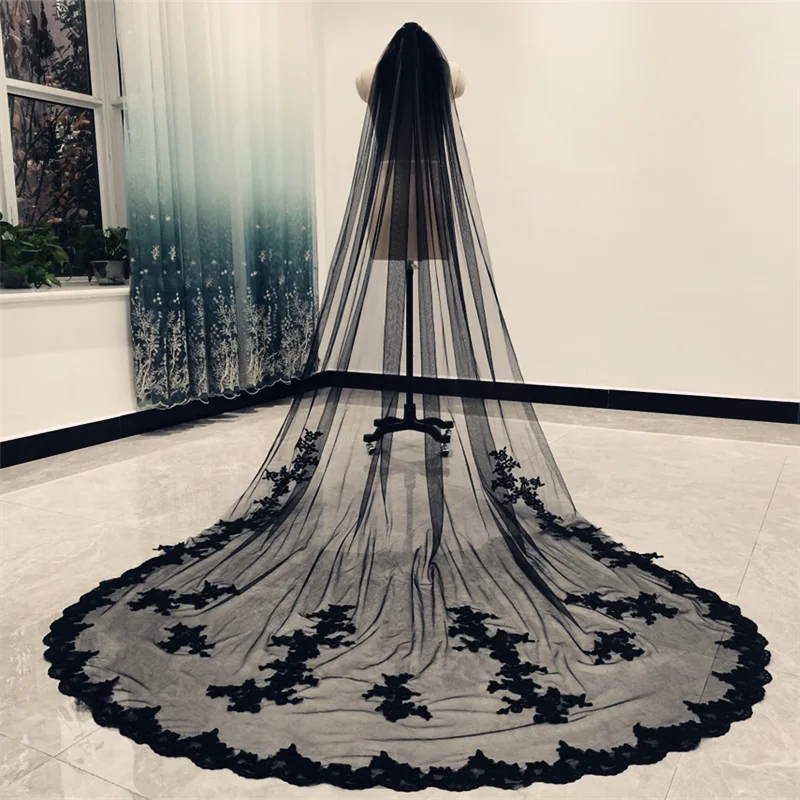 1 Layer Black Applique Wedding Veil Lace Cathedral Length Bridal Veil Black