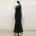 Elegant Solid Diamond Flower Bandage Women Halter Dress Off Shoulder Sleeveless Backless Slim Female Maxi Dresses Lady Robe black