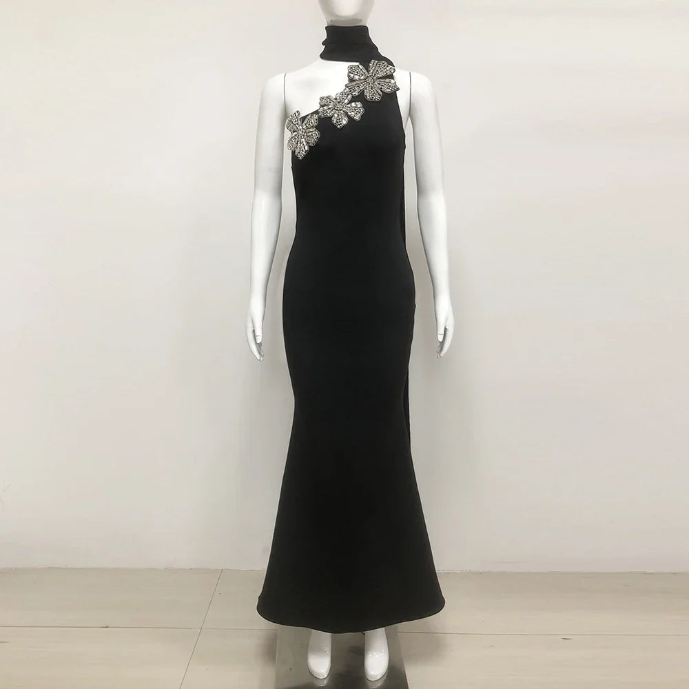 Elegant Solid Diamond Flower Bandage Women Halter Dress Off Shoulder Sleeveless Backless Slim Female Maxi Dresses Lady Robe black