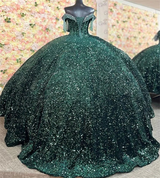 Shiny Green Sequin Quinceanera Dresses Charro Off Shoulders Tassle Beaded Vestidos De 15 Años Lace Up Birthday Party Customized