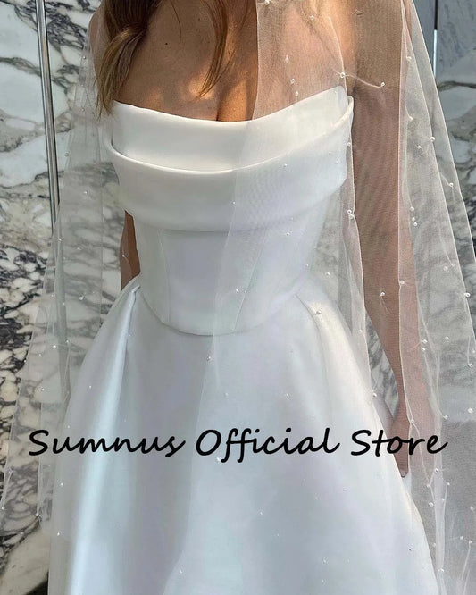 White Satin A Line Wedding Dresses Strapless Hight Split Long Wedding Party Gowns with Train Simple Bride Dress