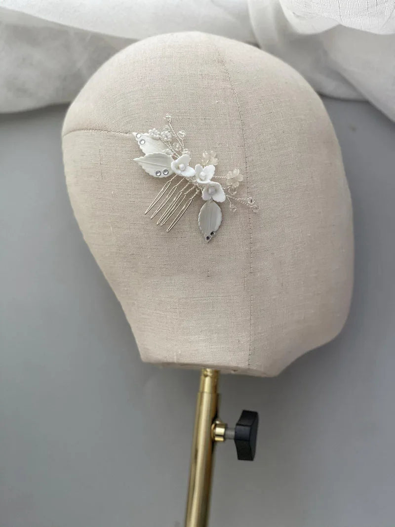 Porcelain Flower Head Piece Leaf Hair Comb Clip Pin For Bride Bridesmaids Women Hairpins Bridal Jewelry Wedding Accessories silver color