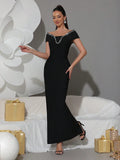 Sexy Off Shoulder Diamond Tight Bandage Maxi Long Dress Women's Short Sleeve Elegant Celebrity Evening Party Gowns