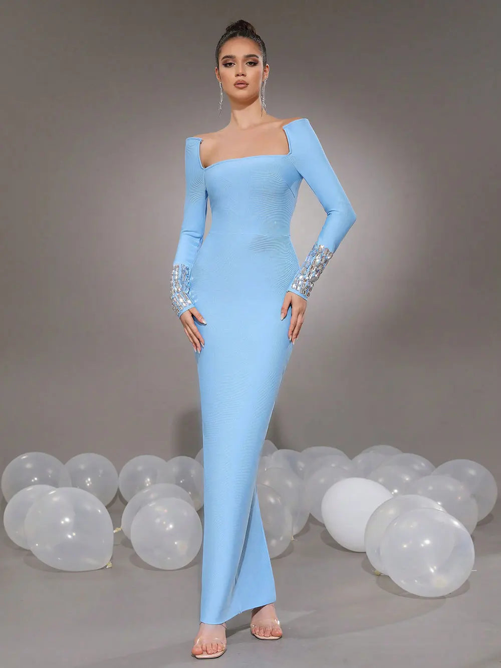 Women'S Elegant Bandage Dresses Square Neck Long Sleeved Nail Bead Design Bodycon Long Dress Evening Party Vestidos SKY BLUE