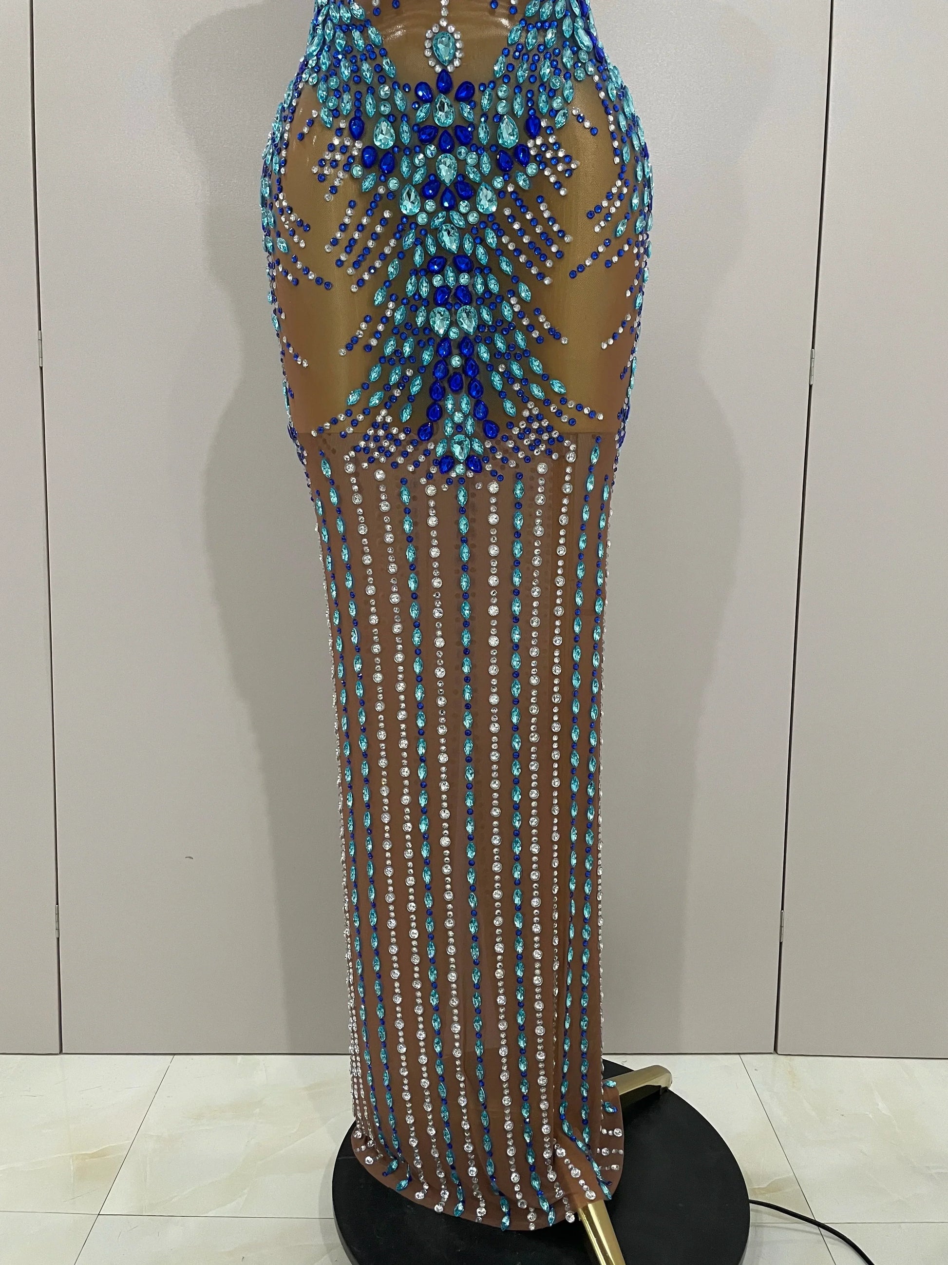 Luxury Sparkly Rhinestones Nude Sexy Mesh Maxi Dress Women Evening Birthday Party Elegant Gown Show Red carpet Stage Costume
