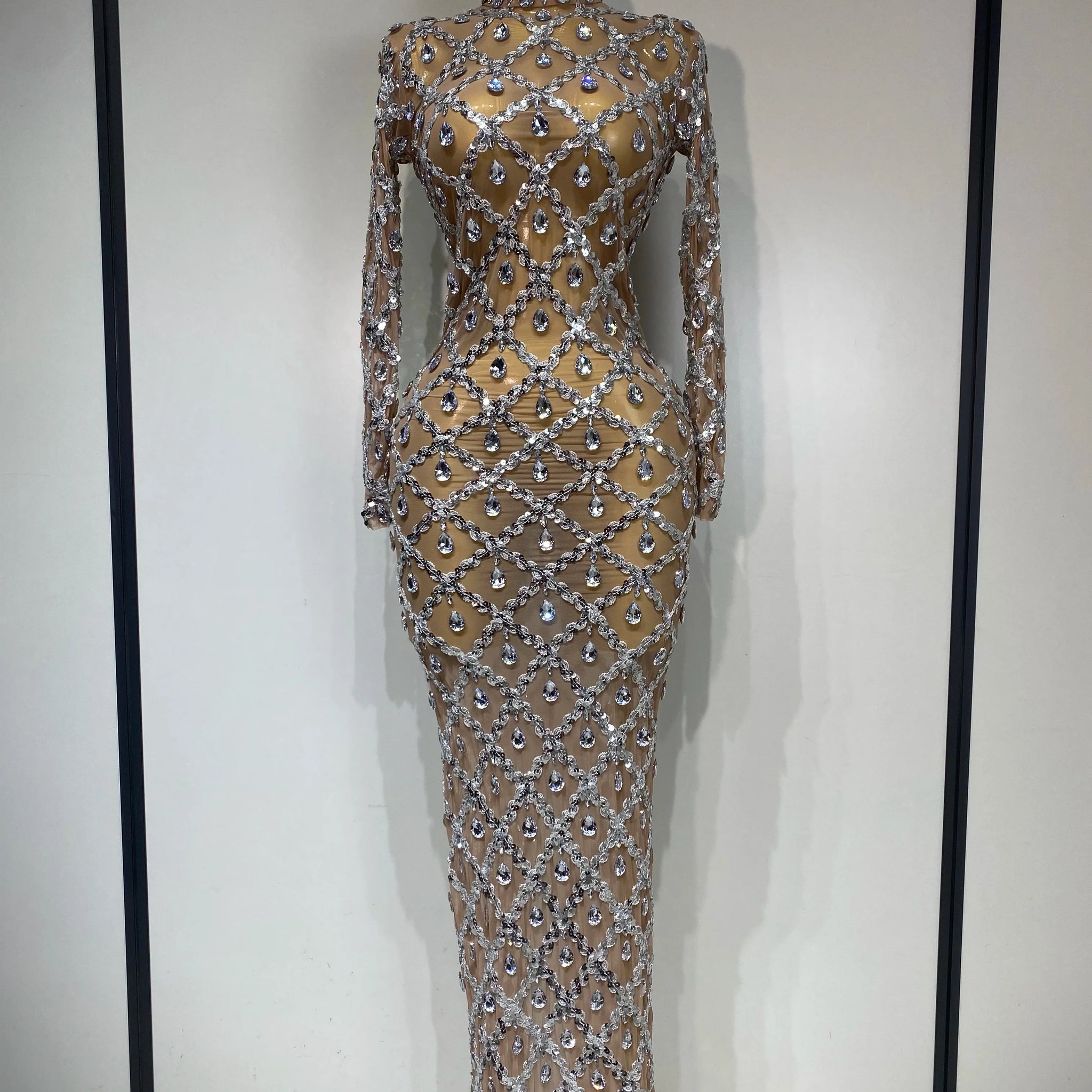 Women Sexy Luxury Birthday Dress Stage Shining Rhinestone Sequin Long Dress Evening Prom Gown Transparent Singer Club Host Dress Silver