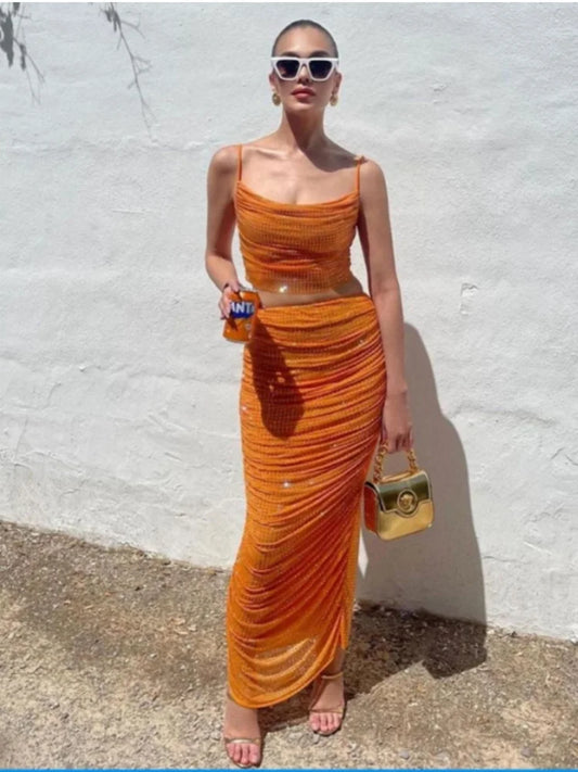 Orange Color Women Sleeveless Sexy 2 Pieces Shinning Rhinestones Bodycon Long Dress Fashion Celebrate Nightclub Party Dress