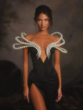 Women Sexy Black Pearl bead Maxi Long Bodycon Bandage Dress Celebrity Elegant Evening Club Party Luxury Birthday Gowns