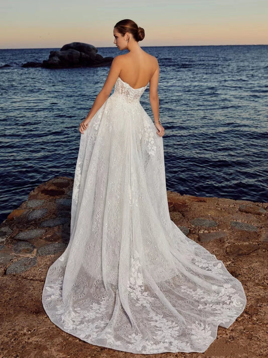 Beach Wedding Dresses With Detachable Train Sexy Bridal Gowns Lace Robes Sleeveless Backless Vintage Vestidos De Novia