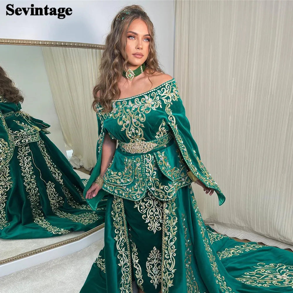 Arabic Mermaid Velvet Evening Dress Boat Neck Lace Applique 3 Pieces Belt Prom Gown Floor Length Algerian Outfit