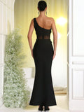 Sexy Women's Light Luxury Flower Set Diamond Design Bandage Dress One Shoulder Sleeveless Bodycon Patchwork Long Dresses