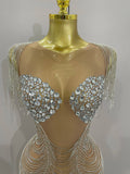 Sparkly Diamonds Crystal Sexy Mesh See Through Mini Dress Women Birthday Party Club Celebrate Stage Performance Costume