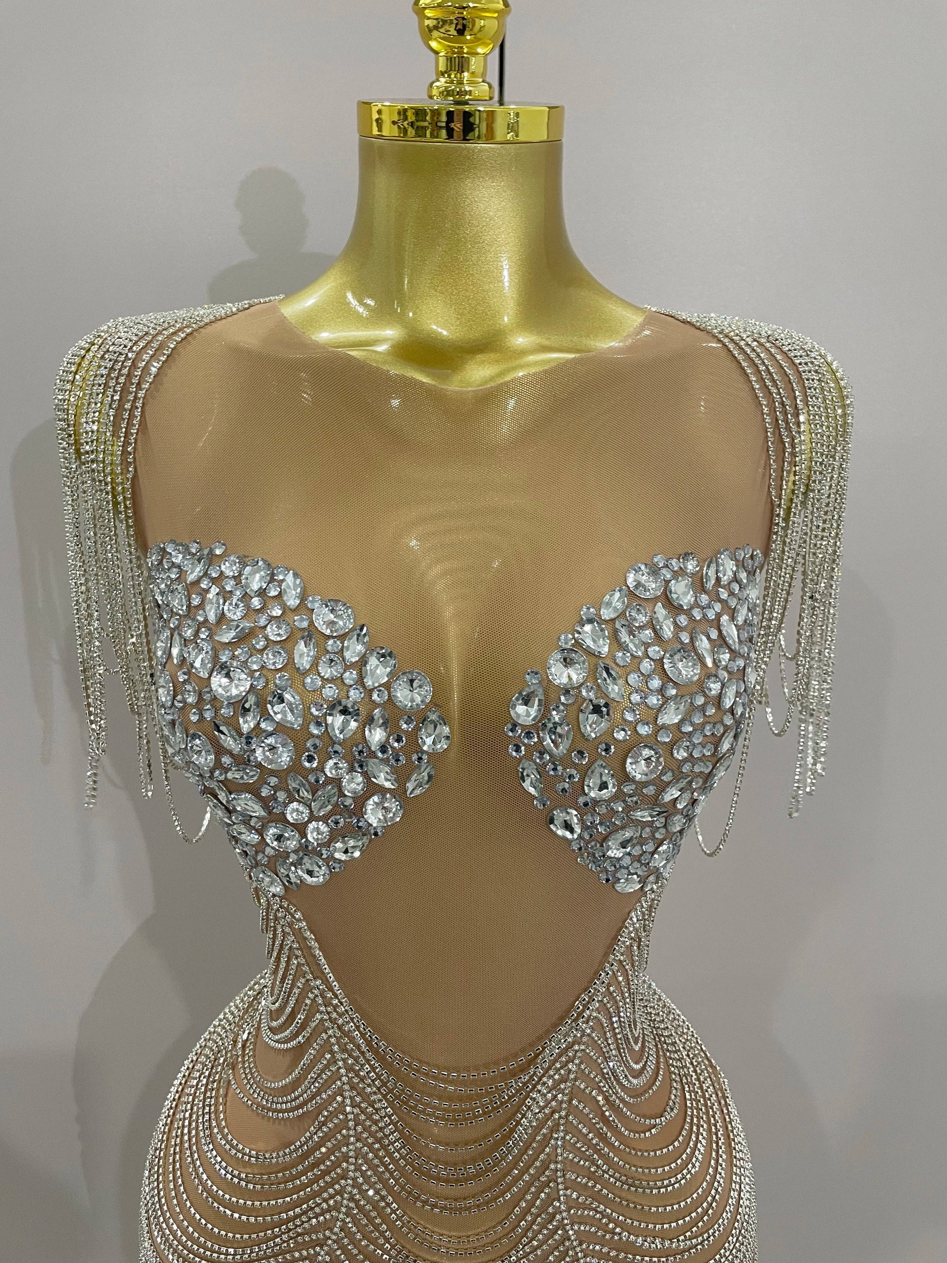 Sparkly Diamonds Crystal Sexy Mesh See Through Mini Dress Women Birthday Party Club Celebrate Stage Performance Costume