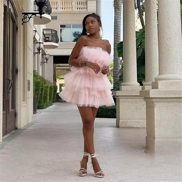 Hearty Baby Pink Prom Dresses Tulle Strapless Tiered pleat Ruched Above Knee Homecoming Dresses vestidos de graduación