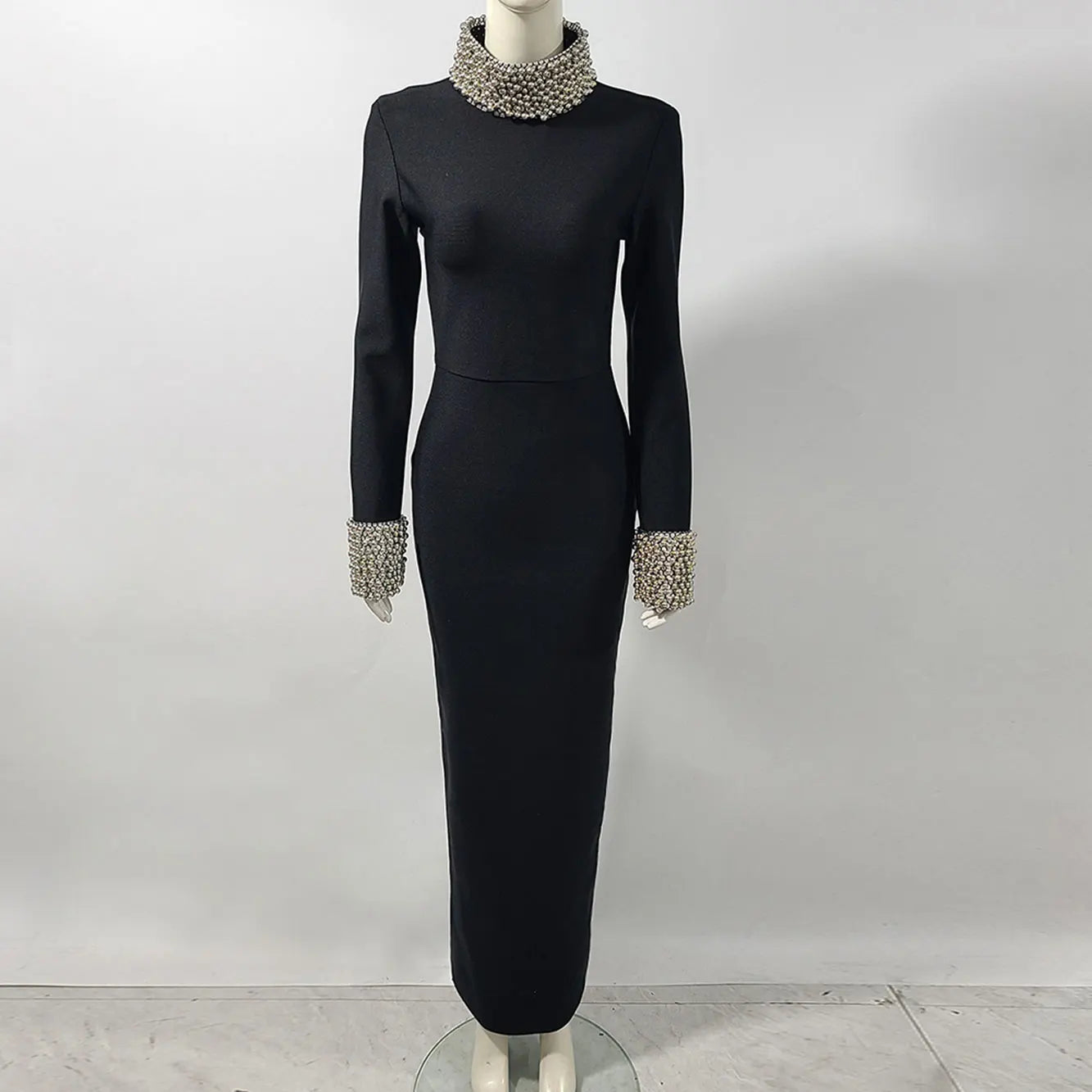 Elegant Women Light Luxury Nail Bead Design Bandage Dress High Collar Long Sleeve Bodycon Long Dress Evening Party Vestidos Silver