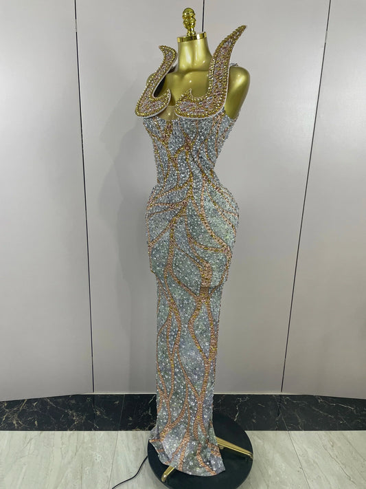 Luxury Crystals Diamonds Slit elegant Sheath Fishtail Dress Women Sexy Evening Party Performance Photoshoot Stage Dress