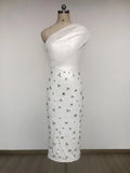 Sexy Women Light Luxury Nail Bead Dress with Slant Neck and Sleeveless Bodycon Flute Patchwork Dress Evening Party Vestidos WHITE