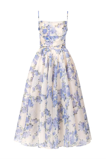 Hydrangea Spaghetti Strap Midi Dress Sweet Knee Lenght Vestidos De Noche Blue Printing Short Lenght Prom Dresses