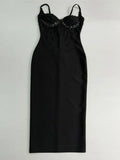 Sexy Women Three-Dimensional Rhinestone Design Bandage Dress Spaghetti Strap Sleeveless Bodycon Backless Midi Dress Vestido