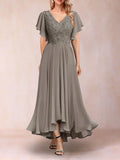 Mother Of The Bride Dress - Elegant A-Line Mother of the Bride Dress Chiffon Short Sleeves Asymmetrical Hem Applique Wedding Guest Gown 2025 Free Customized Taupe