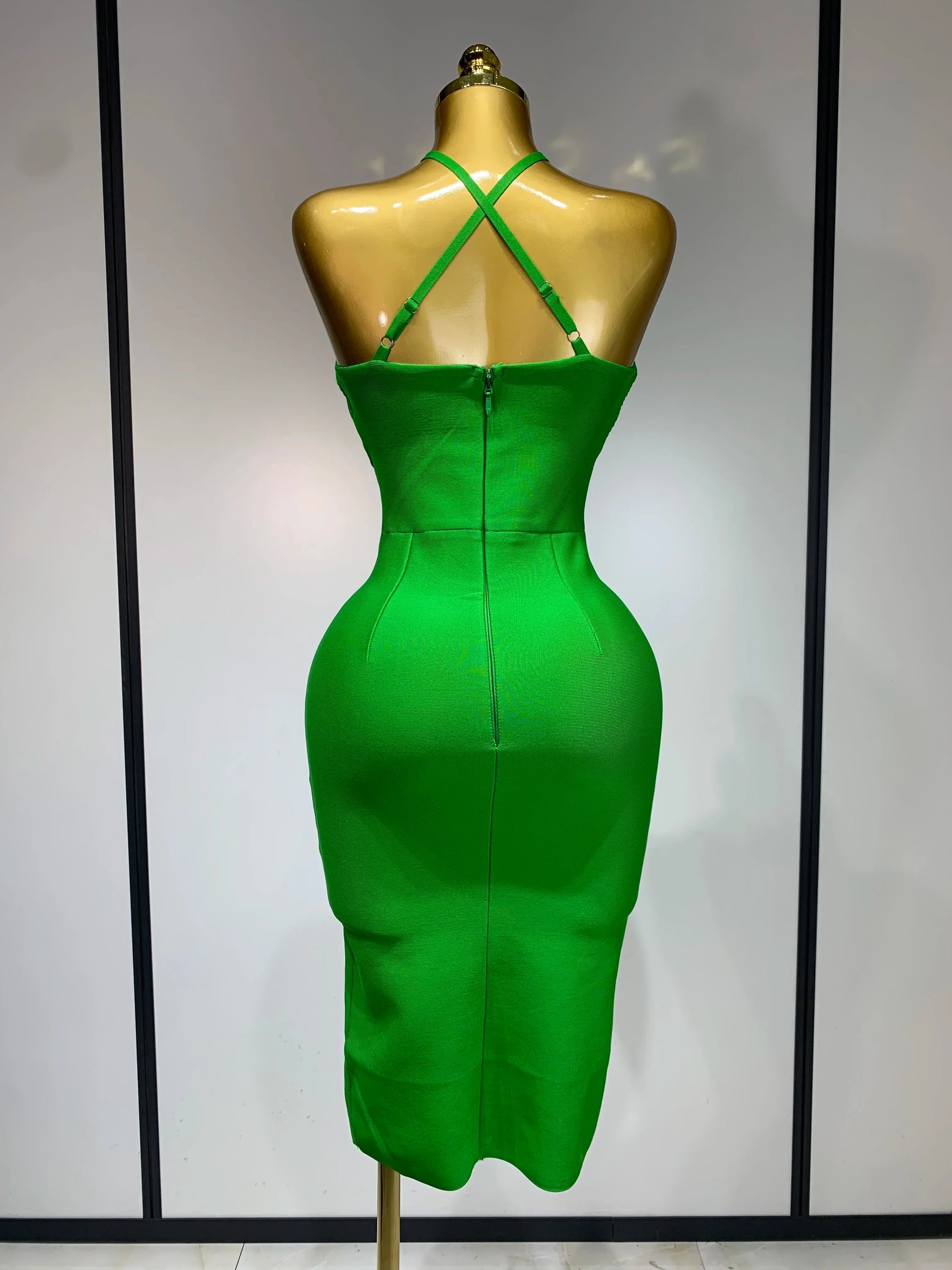 Women Sexy Sleeveless Backless Green Midi Bodycon Bandage Dress Celebrity Elegant Evening Club Party Luxury Birthday Dress