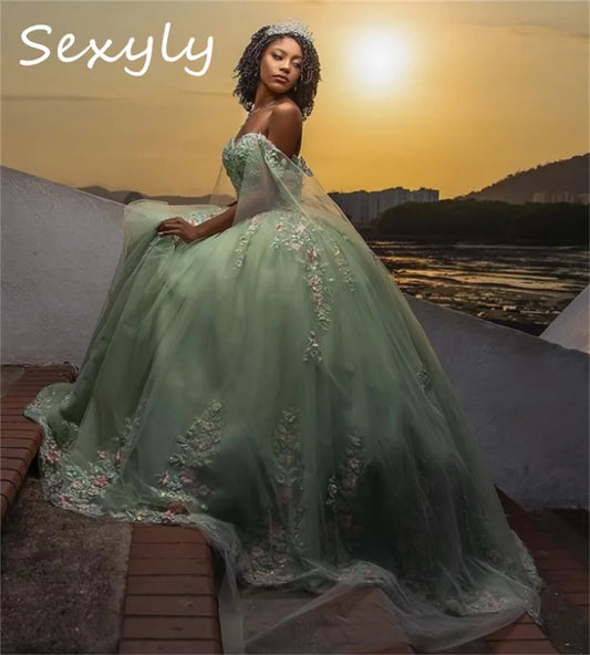 Mint Green Floral Vestidos De 15 Quinceañera Dress Cape Sleeve Corset Vestido De 15 Años Charro Xv Debutante Birthday Customized