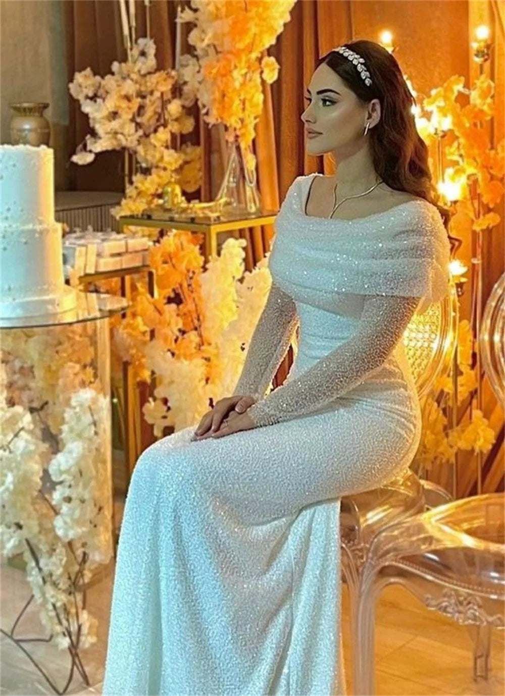 Amanda Shiny Long Sleeve Mermaid Evening Dress Glitter Beading Prom Dress Trumpet Party Dress Fishtail فساتين مناسبة رسمية