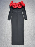 Sexy Women's 3D Red Large Flower Design Bandage Dress with One Collar Card Sleeve Bodycon Long Dress Evening Party Vestidos