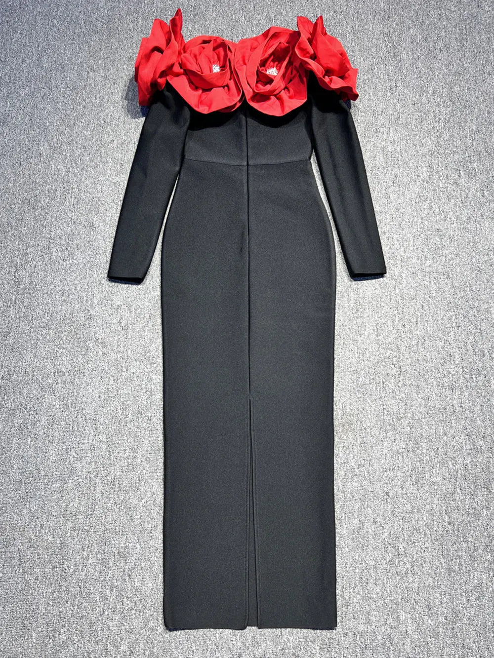 Sexy Women's 3D Red Large Flower Design Bandage Dress with One Collar Card Sleeve Bodycon Long Dress Evening Party Vestidos