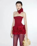 Red Pink Color Women Sexy Strapless Laced-up Bodycon Tops Florals Mini 2 Pieces Dress Celebrate Christmas Evening Party Dress Red