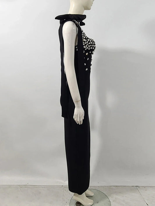 Ladies Sparkling Luxury Diamond Spaghetti Strap Backless Design Sleeveless Sexy Maxi Bandage Dress Celebrity Evening Party Gowns