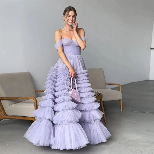 Lavender Tulle Evening Dresses Off The Shoulder Tiered Floor Length Formal Women Prom Gown Special Occasion Dress Lavender