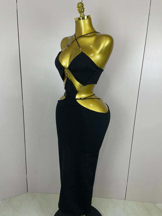 Sexy Halter Hollow Out Sleeveless Black Red Bodycon Long Bandage Dress Women Celebate Elegant Luxury Birthday Club Dress