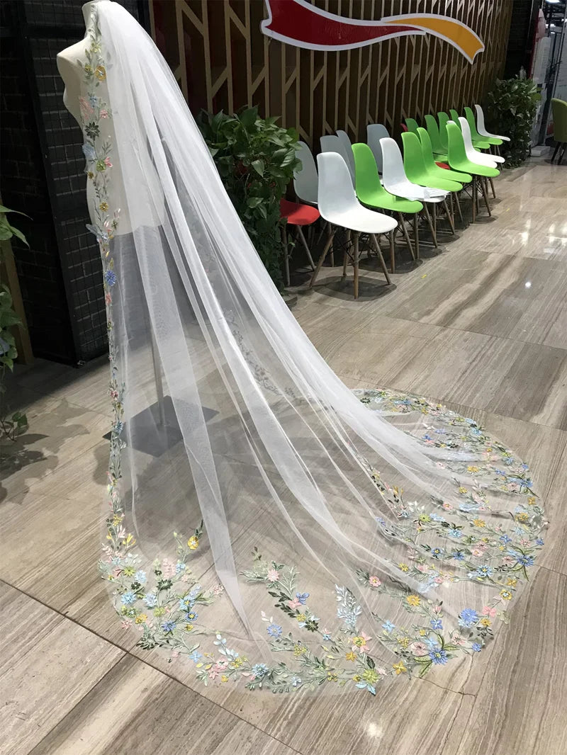 Colorful Flower Wedding Veil Hand Made Lace Bridal Veil Perfect for Outdoor, Garden, or Themed Ceremonies.