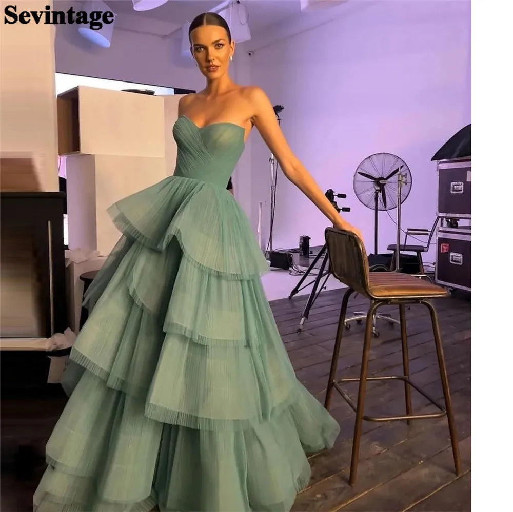 Mint Green Prom Dresses Organza Strapless A-Line Tiered Layered Skirt Pleat Ruched Floor Length Women Party Gowns