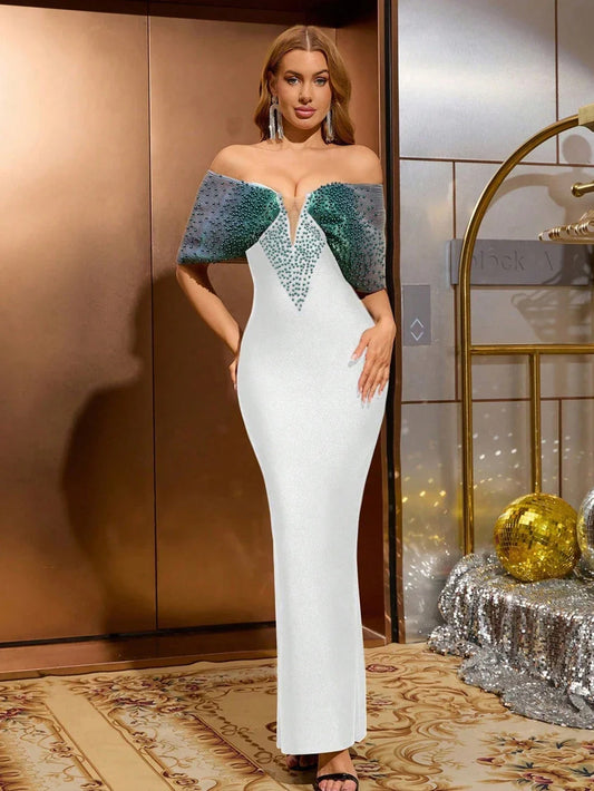 Women Sexy Pearl Beading Tight Maxi Bandage Dress Off The Shoulder Patchwork Bodycon Clothes Club Evening Party Elegant Gown