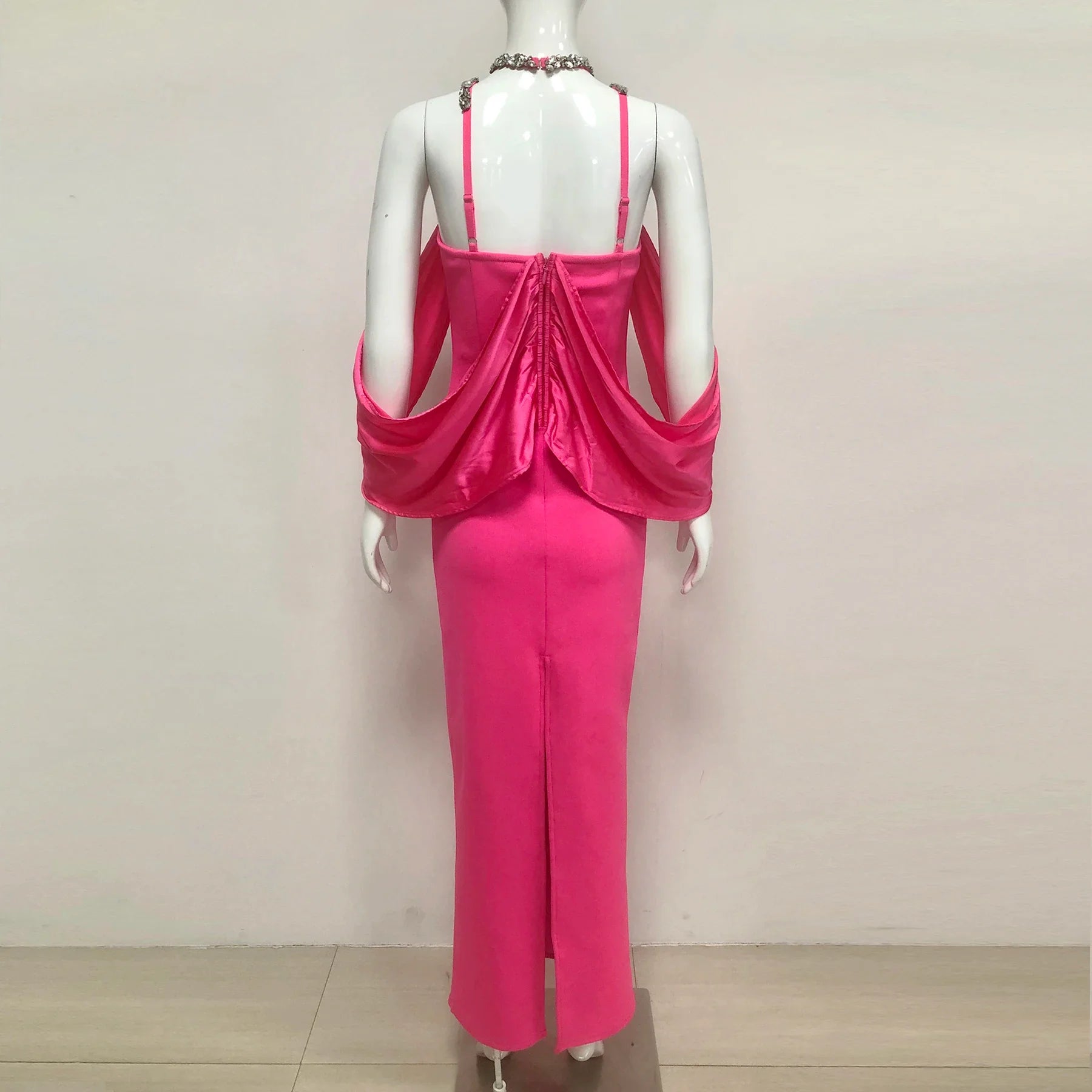 New Women Celebrity Sexy Key Hole Beading Diamonds Pink Maxi Long Bodycon Bandage Dress Elegant Evening Club Party Dress