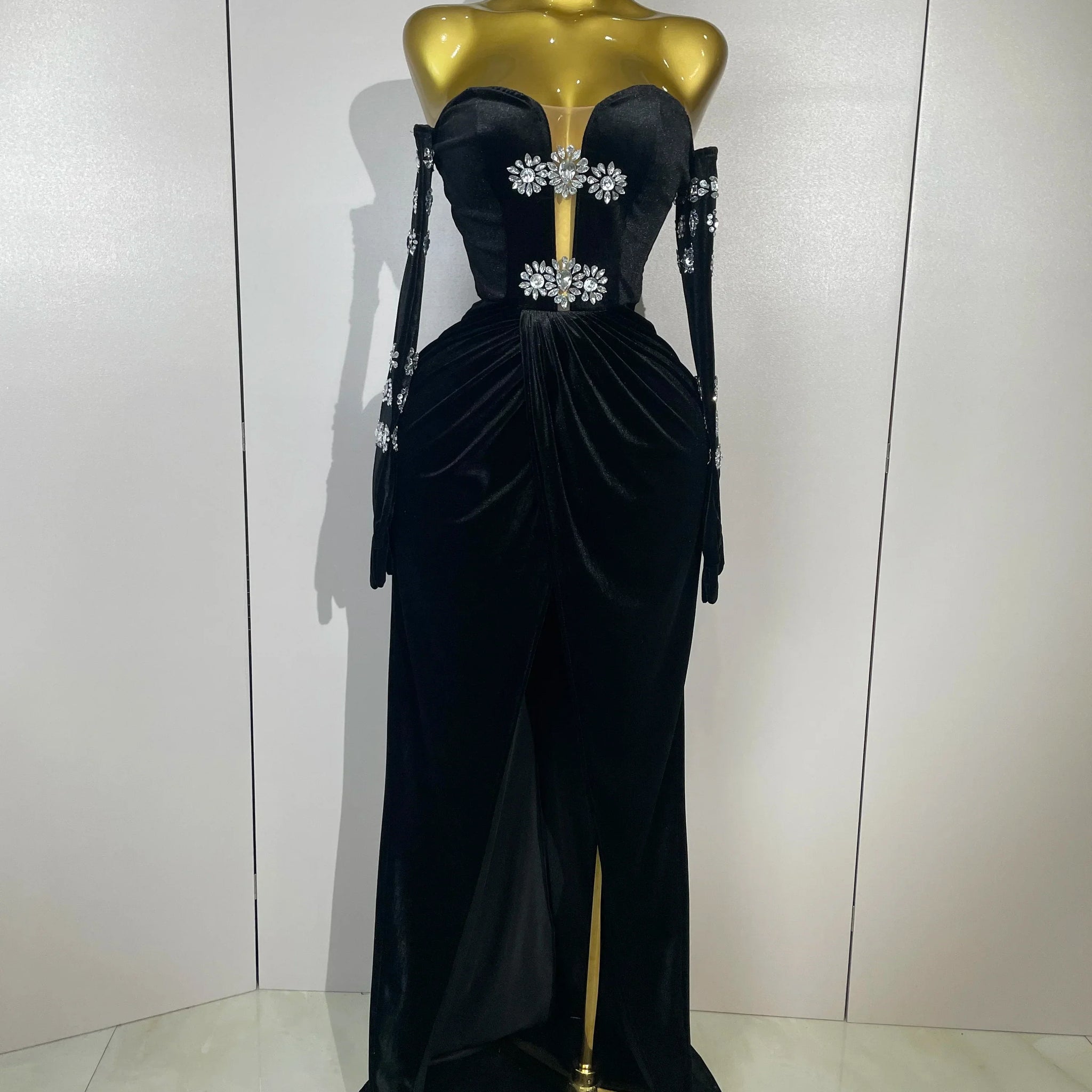 Sparkly Rhinestones Mesh Sexy Split Velvet Gloves Long Dress Women Birthday Celebrate Wedding Gown Stage Photo Shoot Wear black