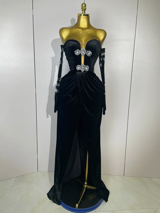Sparkly Rhinestones Mesh Sexy Split Velvet Gloves Long Dress Women Birthday Celebrate Wedding Gown Stage Photo Shoot Wear black