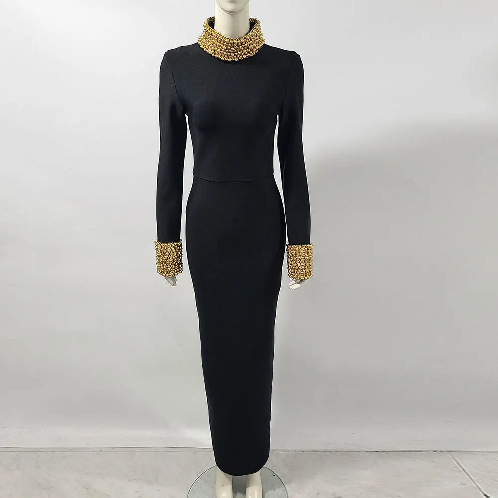 Elegant Women Light Luxury Nail Bead Design Bandage Dress High Collar Long Sleeve Bodycon Long Dress Evening Party Vestidos Gold